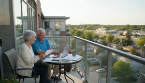 Retired couple on condo balcony in Georgetown reviewing finances with a condo building and small town skyline in the background.