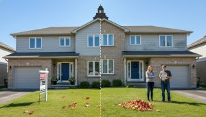 Georgetown Ontario house with for sale sign, couple separated, courthouse silhouette in background