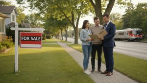 Georgetown house with for sale sign and realtor speaking to separating couple on front steps