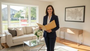 Staged living room of a Georgetown home with agent preparing closing documents and a sold sign outside