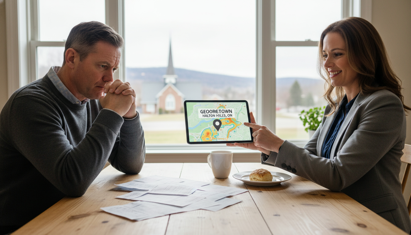 Georgetown homeowner and realtor reviewing bills and a market value map of Georgetown, ON at a kitchen table