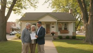 Senior couple with realtor outside a bungalow in Georgetown, Ontario with checklist 'Layout, Price, Location'