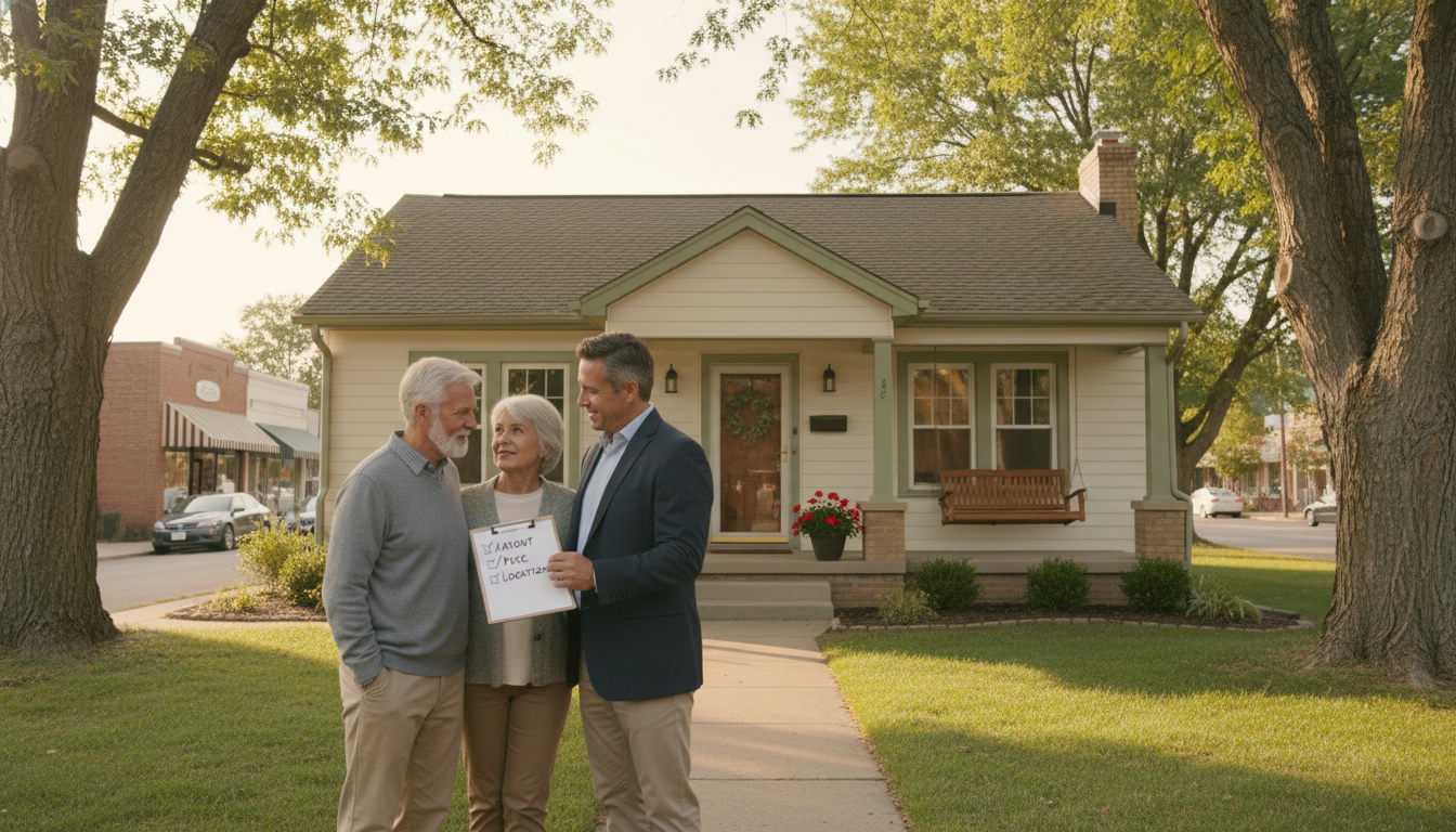 Senior couple with realtor outside a bungalow in Georgetown, Ontario with checklist 'Layout, Price, Location'