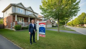 Georgetown Ontario house with a "For Sale" sign and a small "Power of Sale" notice, Realtor standing by the front yard