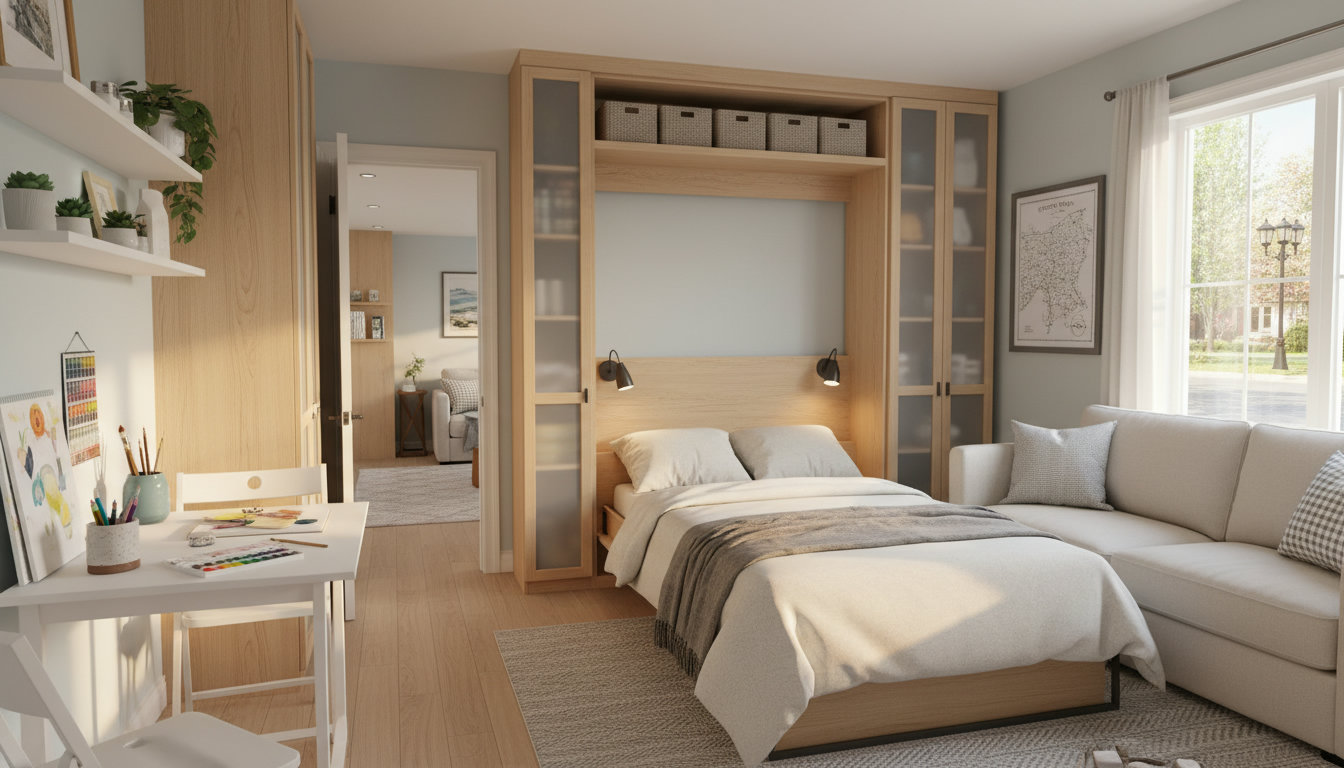 Bright downsized home interior with Murphy bed, hobby nook, built-in storage, and view of a tree-lined Georgetown street