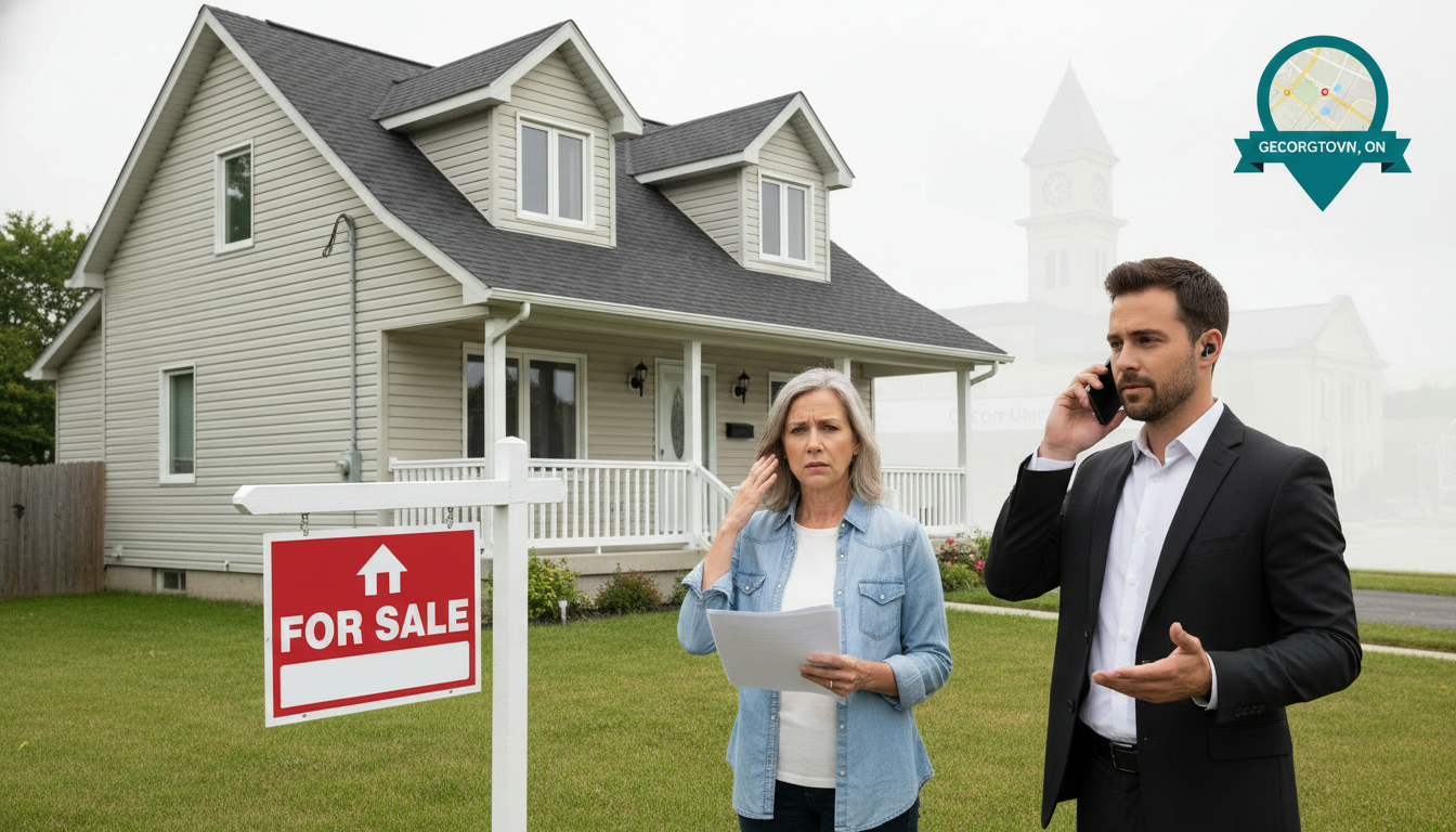 Suburban house in Georgetown, ON with For Sale sign and homeowner holding papers while realtor speaks on phone