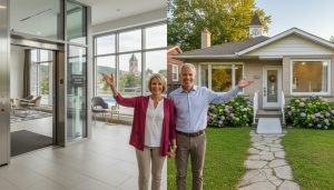 55+ couple comparing a condo with elevator and a bungalow with garden in Georgetown, Ontario.