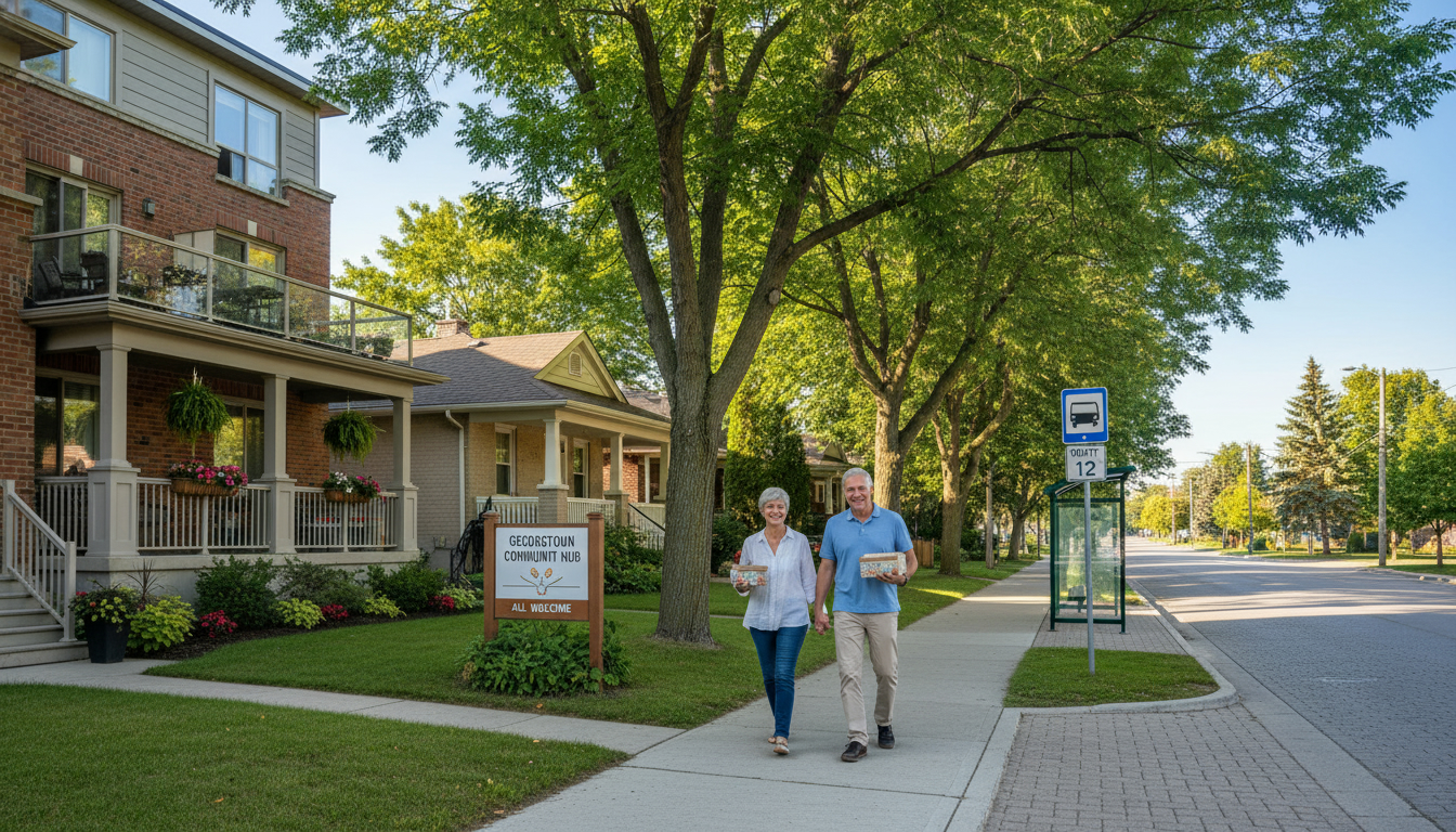 55+ couple walking on a tree-lined Georgetown street with bungalows, condos and a transit stop
