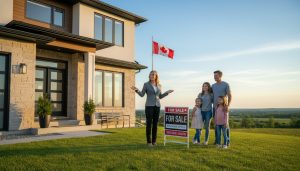 Realtor showing a family home with a For Sale sign in Georgetown, Ontario