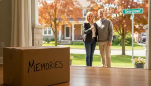 Staged Georgetown home with packed moving box and realtor handing keys to couple
