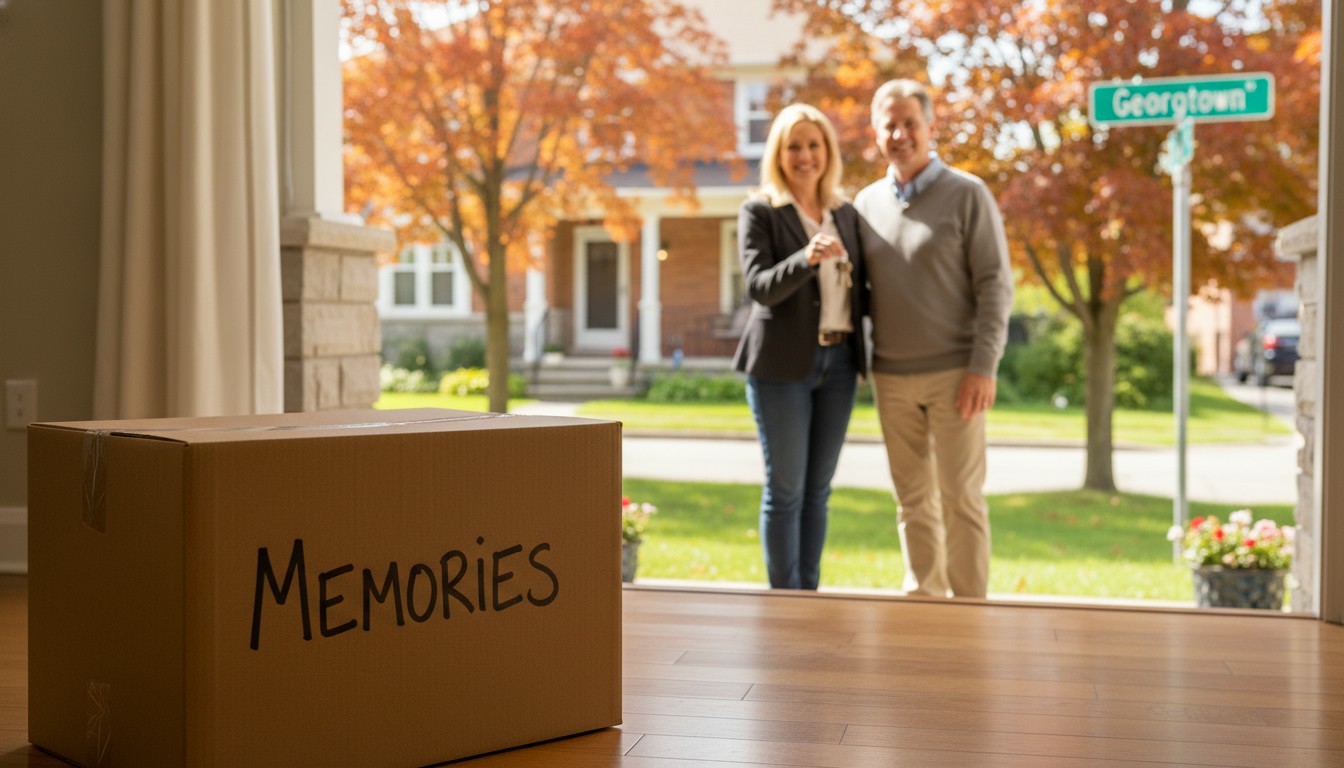 Staged Georgetown home with packed moving box and realtor handing keys to couple