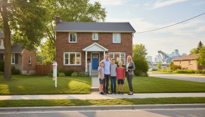 Family and realtor outside a Georgetown ON home with a For Sale sign and GO Station visible in background