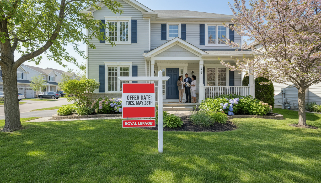Georgetown Ontario house with an 'Offer Date' sign and buyers viewing the property