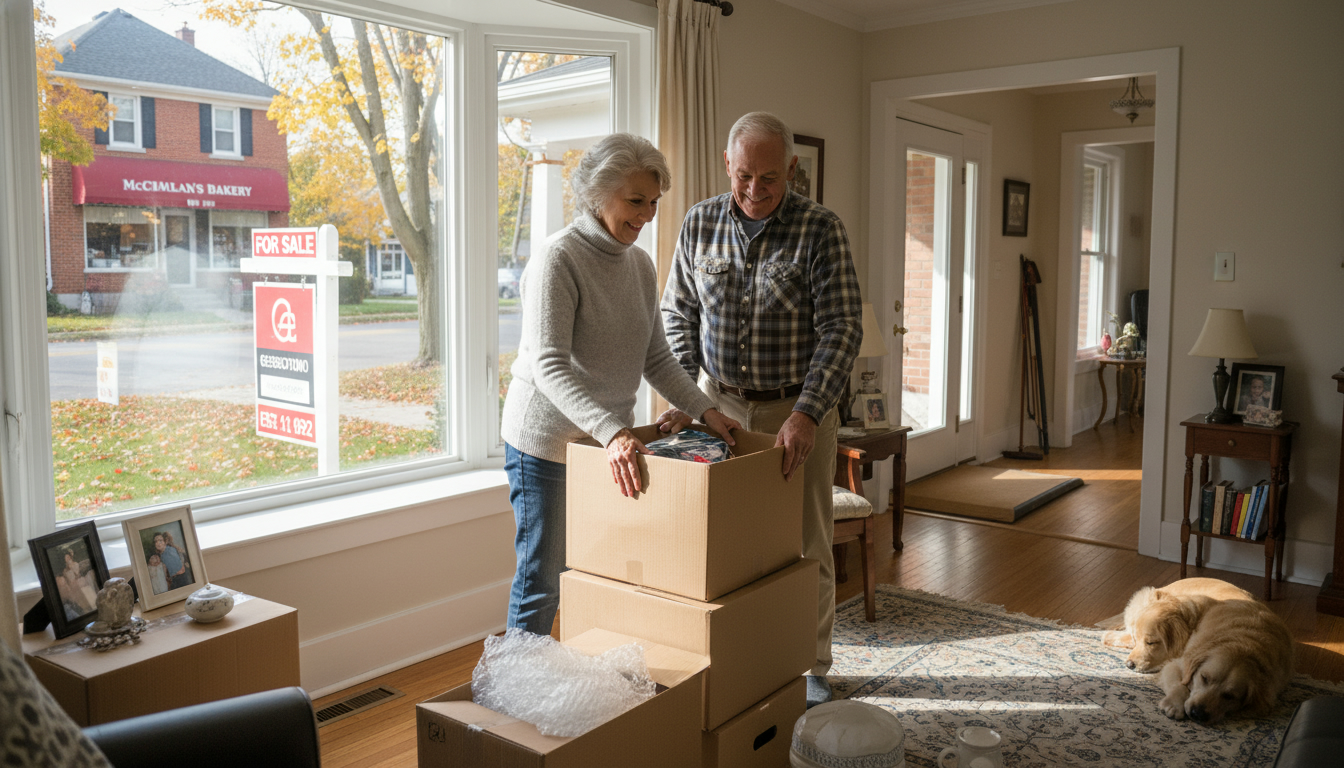 Mature couple packing boxes with a For Sale sign outside a Georgetown, Ontario home, showing local Main Street in the background.