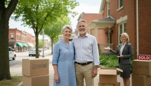 55+ couple outside a Georgetown, Ontario home with moving boxes and a friendly realtor helping them downsize.