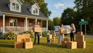 Family packing moving boxes outside a Georgetown, Ontario house with a moving truck and realtor