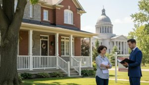 Couple and realtor discussing house and legal papers on porch of a Georgetown, Ontario home