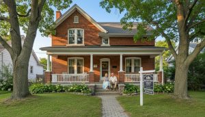 Older brick house in Georgetown with mature couple on front steps and a For Sale sign