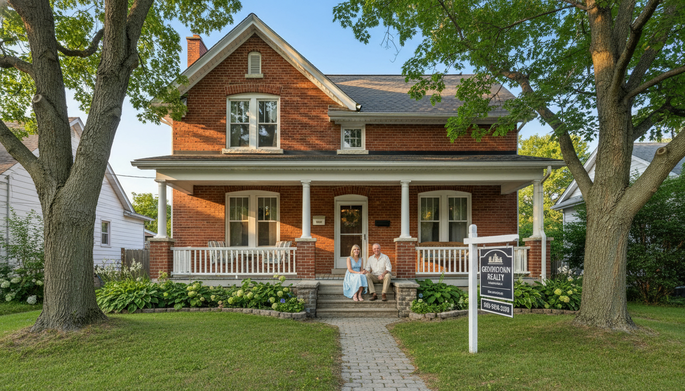 Older brick house in Georgetown with mature couple on front steps and a For Sale sign