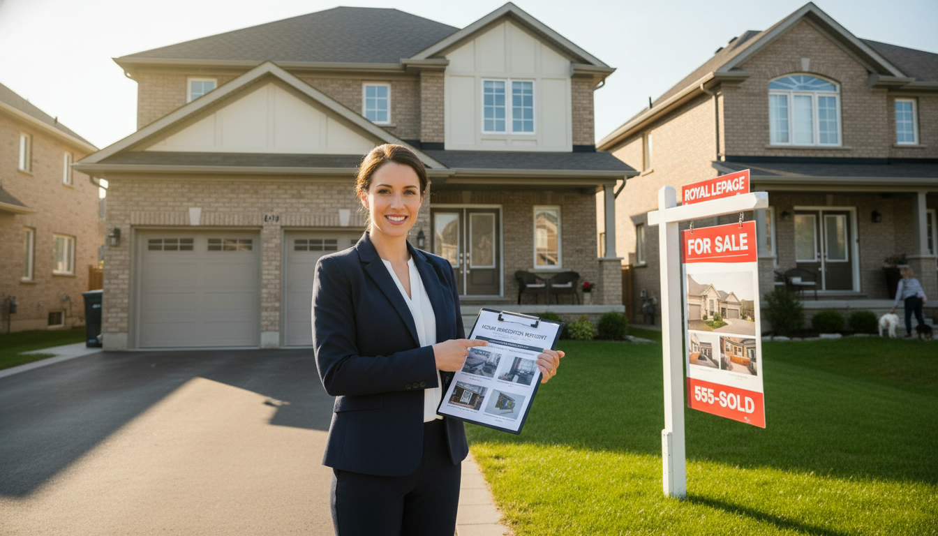 Real estate agent with inspection report in front of a house for sale in Georgetown, Ontario