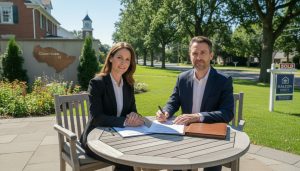 Couple signing agreement with realtor in front of a Georgetown, Ontario house to keep their home during divorce