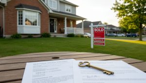 SOLD sign in front of a Georgetown house with mortgage payout statement and keys on a table
