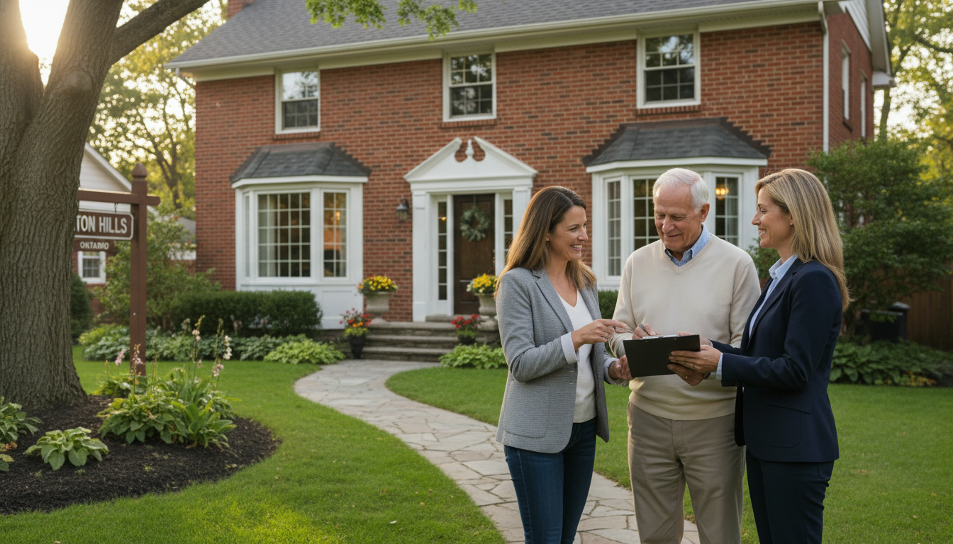 Adult child and elderly parent with realtor in front of a Georgetown Ontario home discussing paperwork