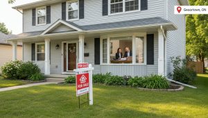 Realtor and homeowner reviewing mortgage payoff documents in front of a Georgetown, Ontario home with a for sale sign
