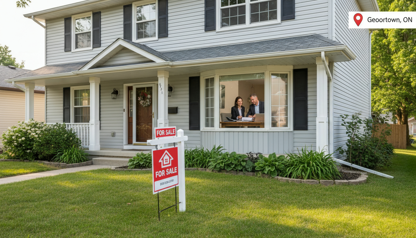 Realtor and homeowner reviewing mortgage payoff documents in front of a Georgetown, Ontario home with a for sale sign