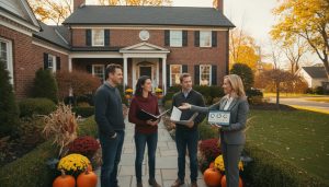 Siblings meeting with a realtor outside a Georgetown, Ontario family home to discuss selling a parent’s house.