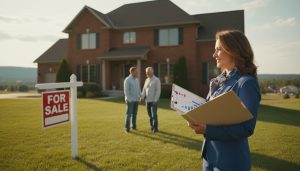 For Sale sign in front of a Georgetown, Ontario house with realtor holding appraisal paperwork and Canadian flag