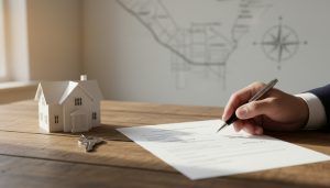 Seller’s statement of adjustments on a table with keys and house model, Georgetown map faint in background