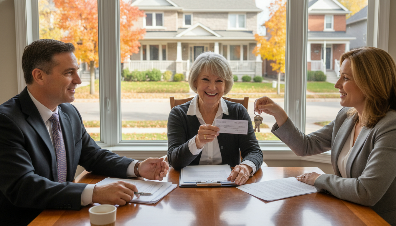 Home seller receiving closing funds in Georgetown Ontario with realtor and lawyer at a table