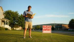 Homeowner on front lawn of Georgetown house with For Sale sign and mortgage papers