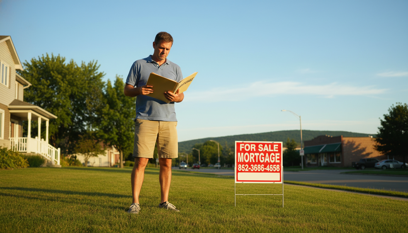 Homeowner on front lawn of Georgetown house with For Sale sign and mortgage papers