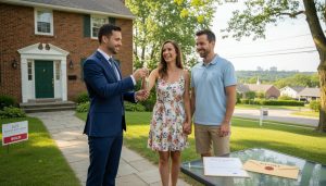 Realtor handing house keys to homeowners in front of a Georgetown, Ontario house with payoff document visible