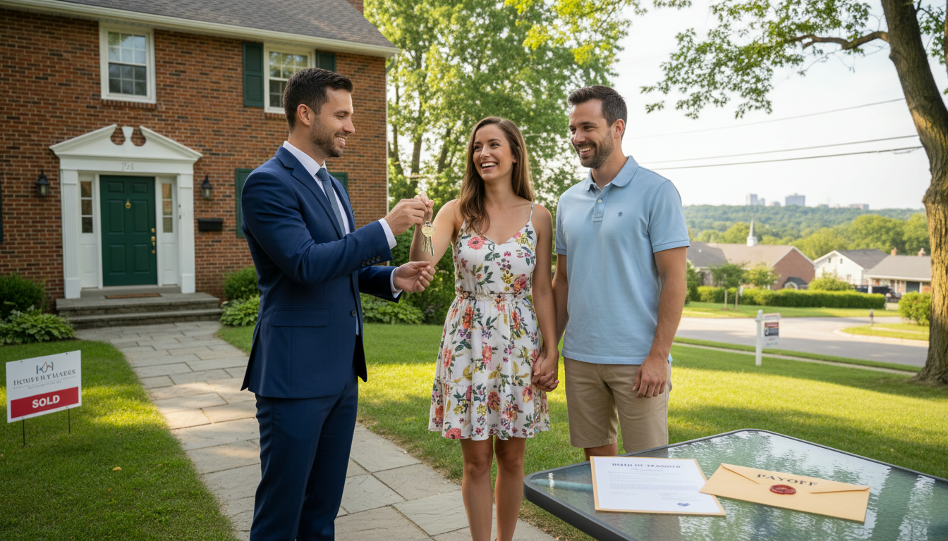 Realtor handing house keys to homeowners in front of a Georgetown, Ontario house with payoff document visible