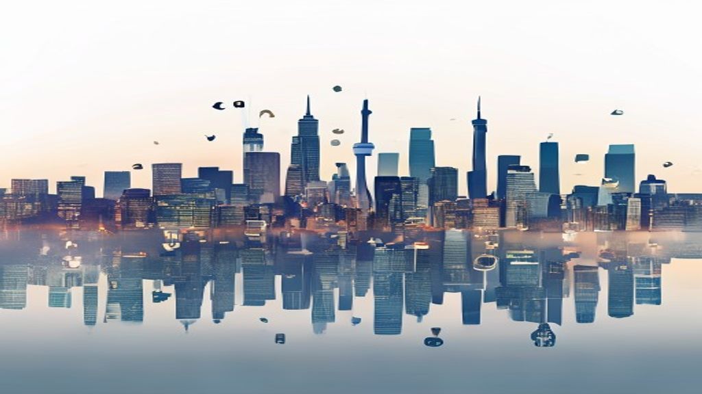 Stylized skyline mirrored on water surface.