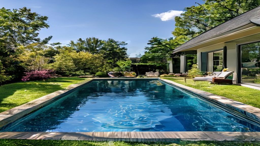 Backyard pool with lush greenery and modern house