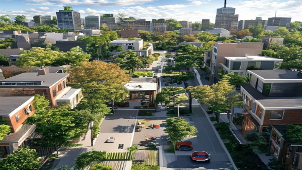 Modern urban neighborhood with trees and buildings.