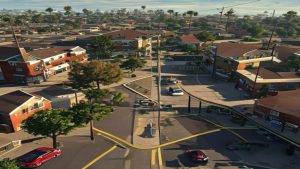 Aerial view of suburban neighborhood street intersection.