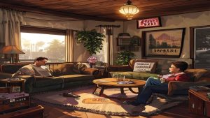 Two people talking in a cozy living room.