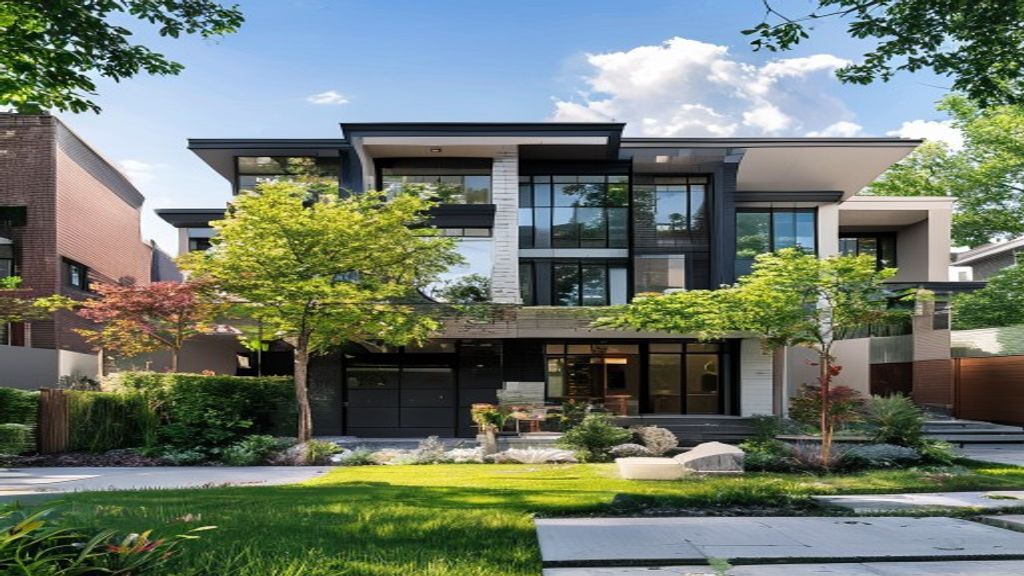 Modern house with garden on a sunny day.