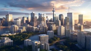 Modern city skyline at sunset