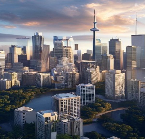 Modern city skyline at sunset
