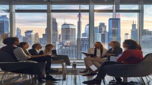 Team meeting with city skyline view.