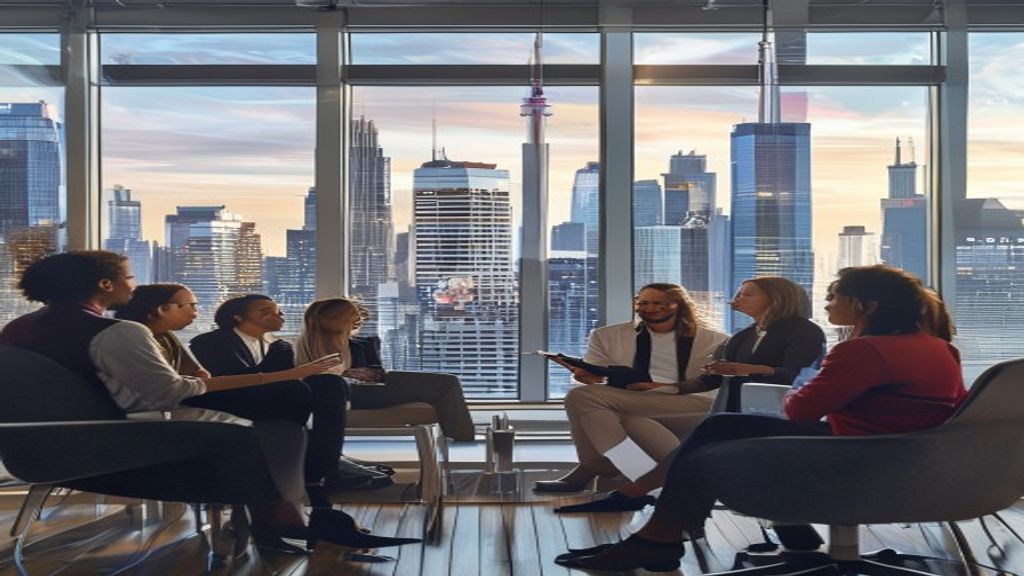 Team meeting with city skyline view.