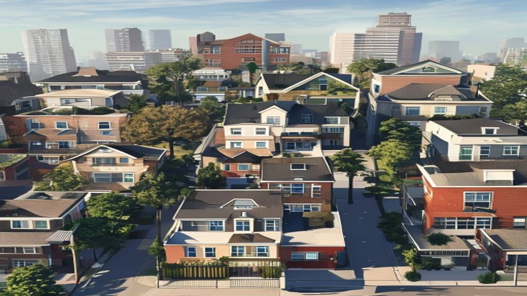 Aerial view of suburban neighborhood with houses.